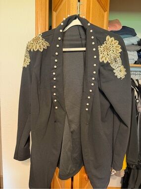 SHEIN Black Jacket with Gold Floral Appliqué and Pearl Trim